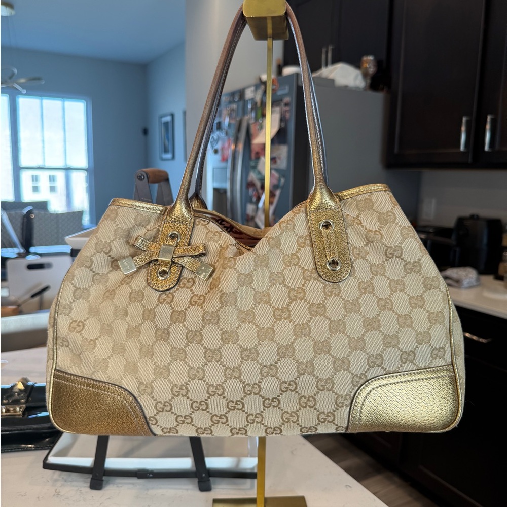 Gucci Beige GG Canvas Shoulder Bag with Gold Metallic Trim